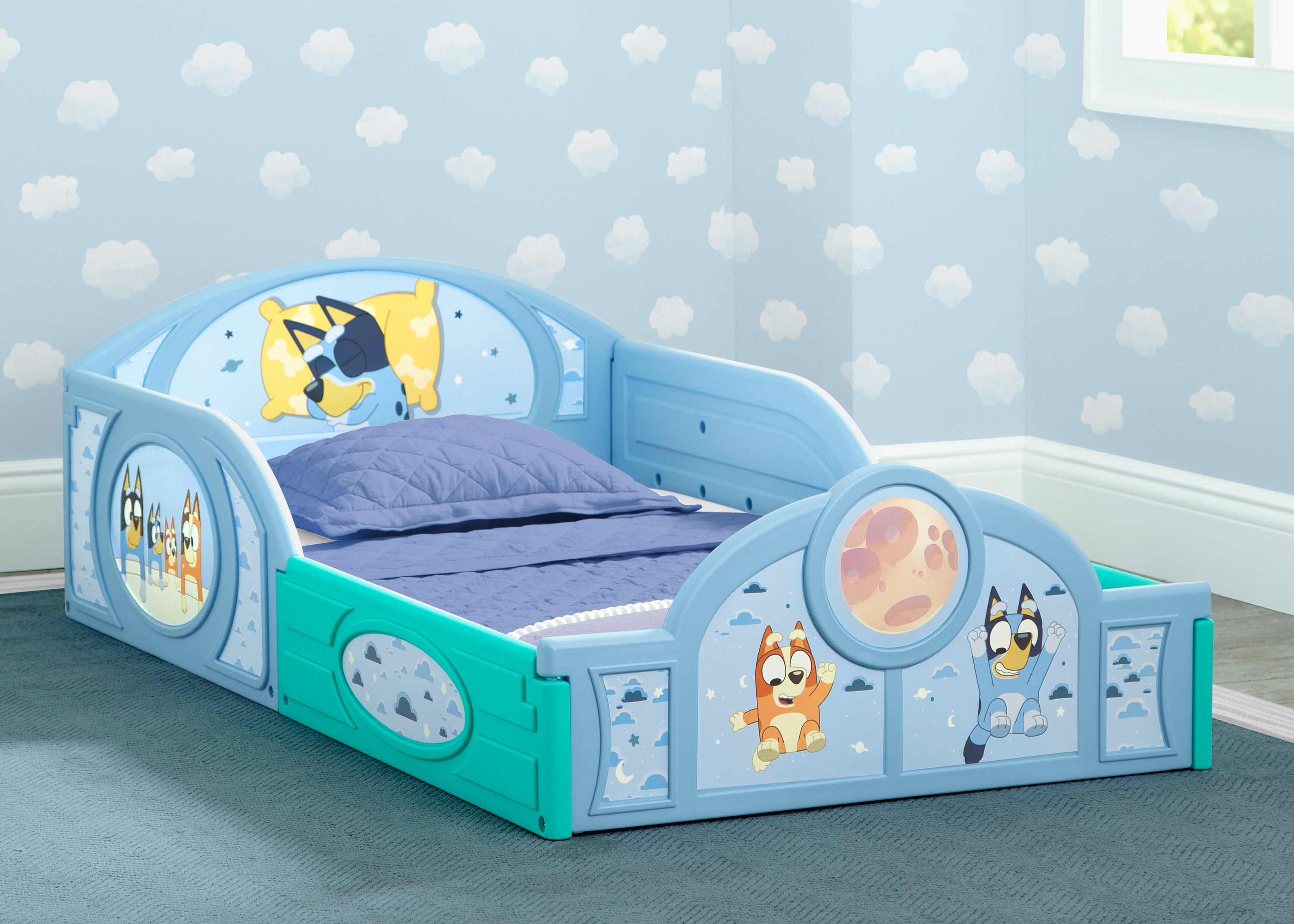 Bluey Sleep and Play Toddler Bed with Built-In Guardrails | Delta Children